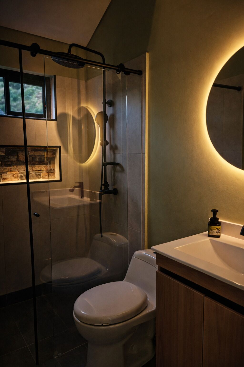 Bidet, towels, soap, toilet paper