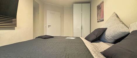 A bedroom with a bed, pillows, a wardrobe, and a door.
