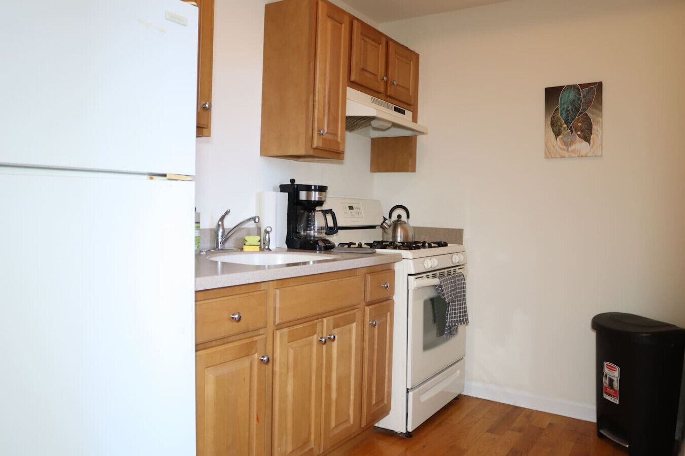 Une cuisine avec des meubles de rangement en bois, une cuisinière, une machine à café et une poubelle.