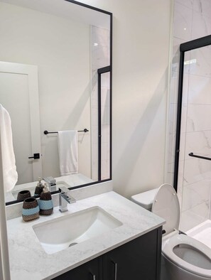 Shower, hair dryer, towels, soap - Cozy two bedroom Suite (White Rock)