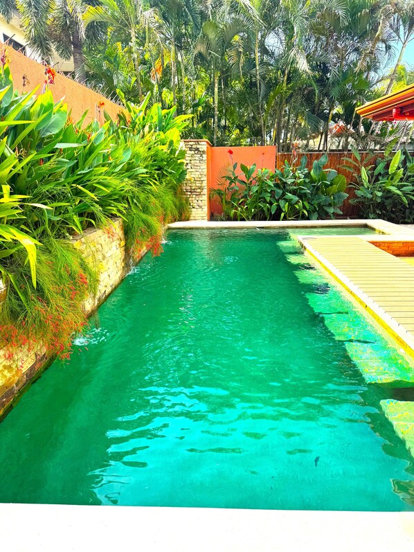 Une piscine à l’eau claire, entourée d’une végétation luxuriante et dotée d’une terrasse en bois.