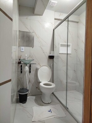 Shower, towels, soap, toilet paper