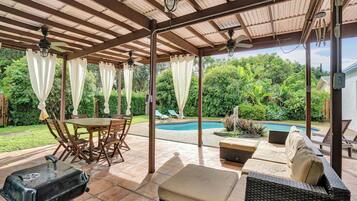 A covered patio with a pool, outdoor furniture, and a grill.