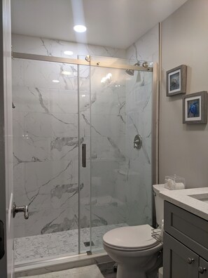 Shower, hair dryer, towels, soap