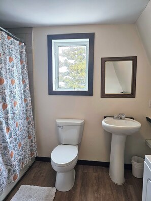 Een badkamer met toilet, wastafel en een raam boven de wastafel.
