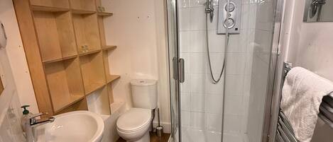 A modern bathroom with a glass-enclosed shower, a white sink, and a toilet.