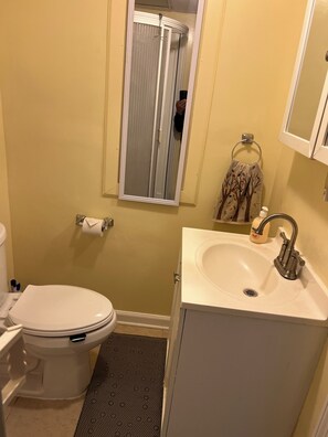 Hair dryer, towels, soap, toilet paper