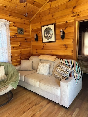 A wooden cabin interior with a sofa, pillows, a framed picture, and wall sconces. - Riverfront Cabin Fishing extravaganza! Family Friendly! (Bryson City)
