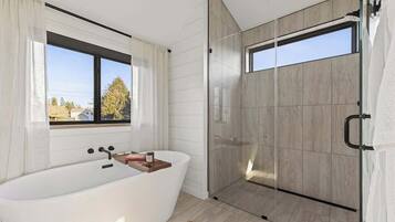 Shower, hair dryer, shampoo