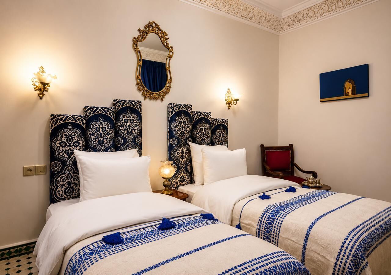 A hotel room with two beds, ornate headboards, wall sconces, a red chair, and a small table with a lamp.