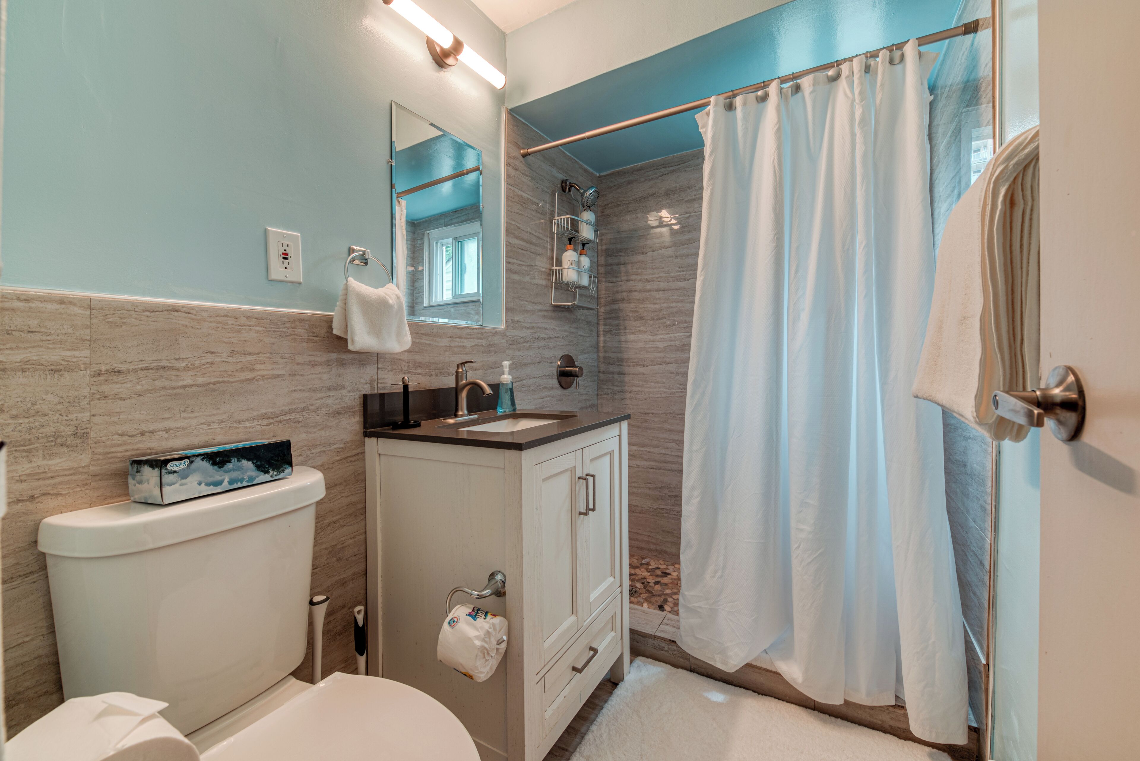 Hair dryer, towels, soap, toilet paper