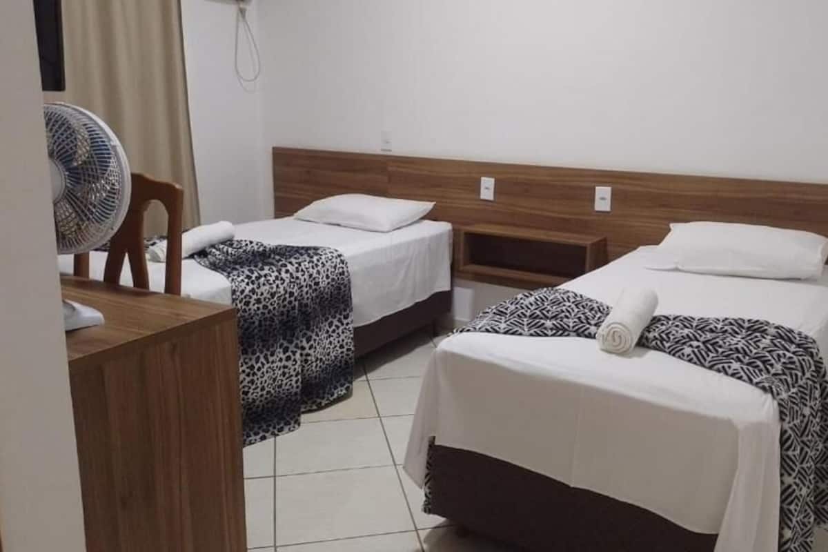 Een hotelkamer met twee bedden, een houten hoofdbord, een nachtkastje en een staande ventilator.