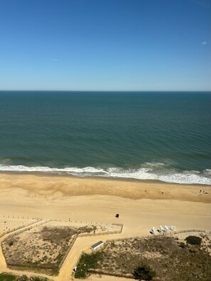 A beach with a sandy shore, a clear sky, and a calm sea. - 20th-Floor Oceanfront Condo with Balcony, Pools, Beach Access & Resort Amenities (Ocean City)