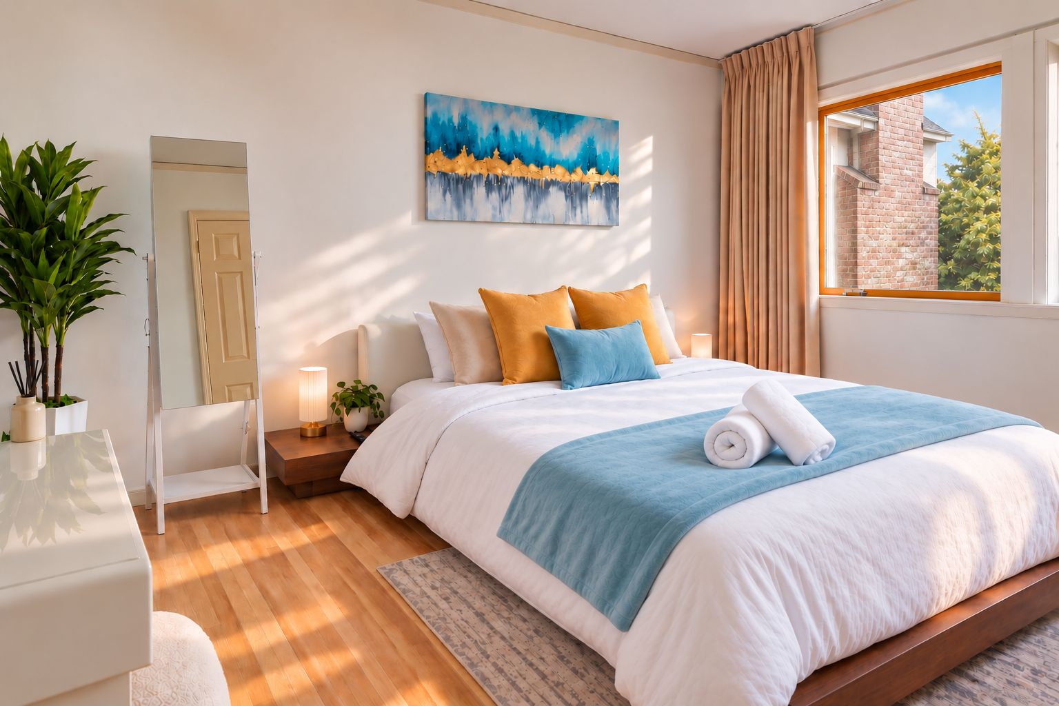 A modern bedroom with a large bed, a bedside table with a lamp, a mirror, and a painting on the wall.