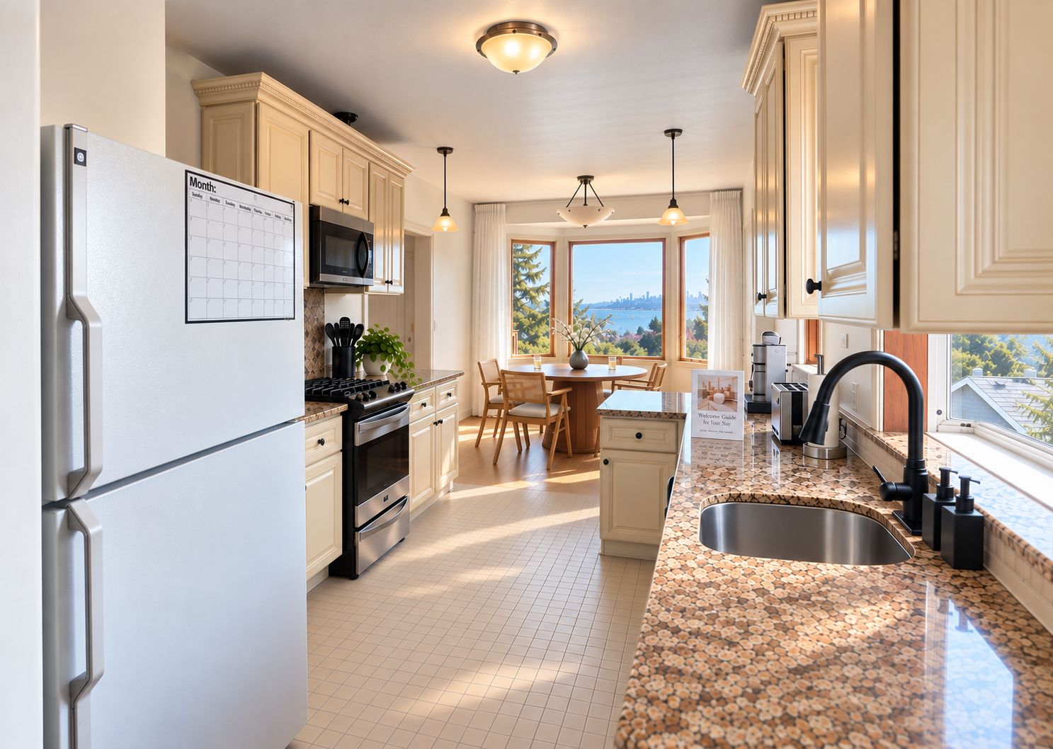 Una cocina moderna con refrigerador, estufa y microondas. Hay un comedor con mesa y sillas. La cocina tiene un ventanal con vistas a la ciudad.