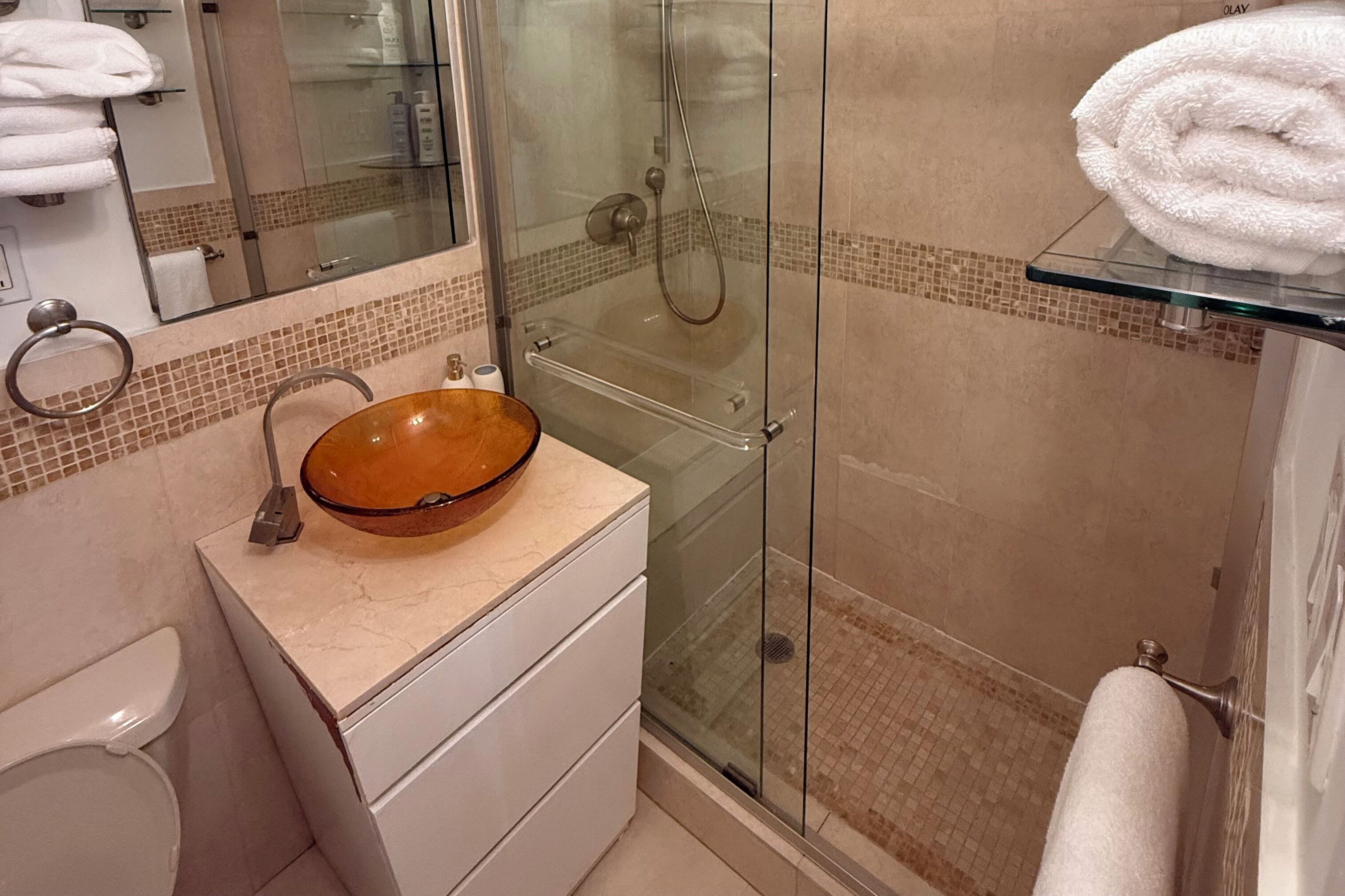 Hair dryer, towels, soap, toilet paper