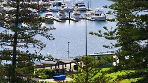 A marina with boats docked, surrounded by greenery and buildings in the background.