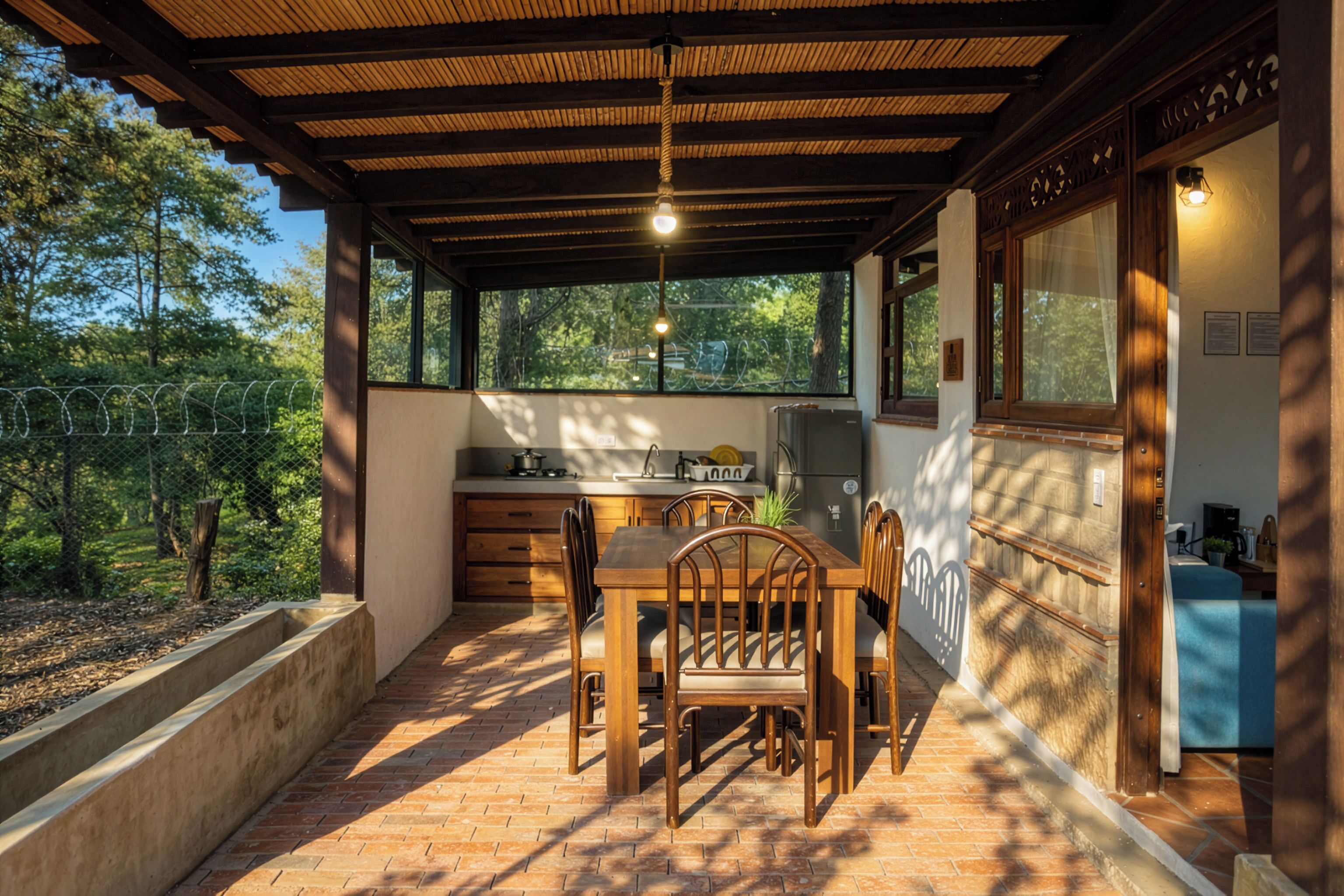 A covered patio with a wooden table and chairs, a kitchen area, and a view of the surrounding trees.