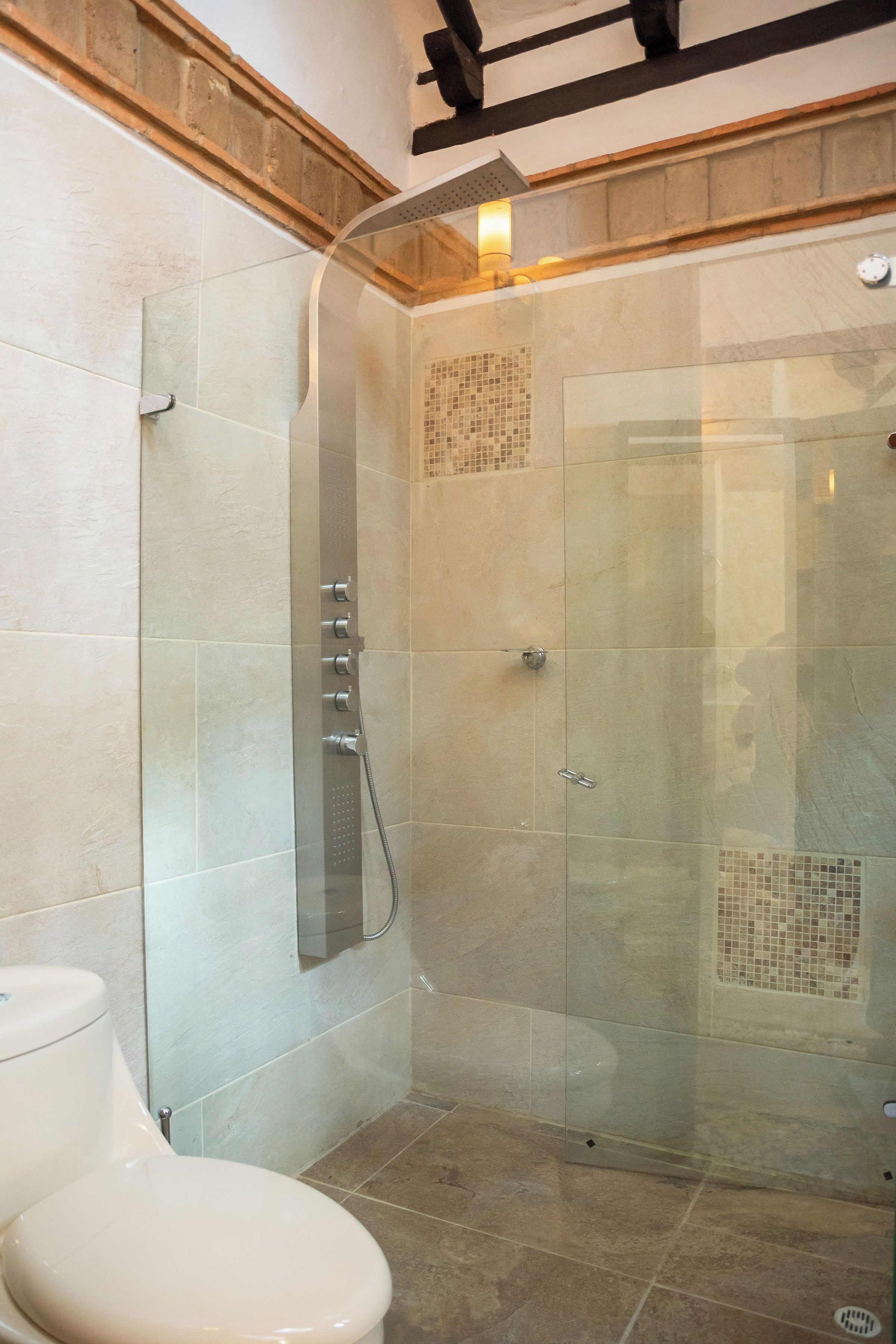 A glass-enclosed shower stall with a tiled wall, a toilet, and a visible showerhead.