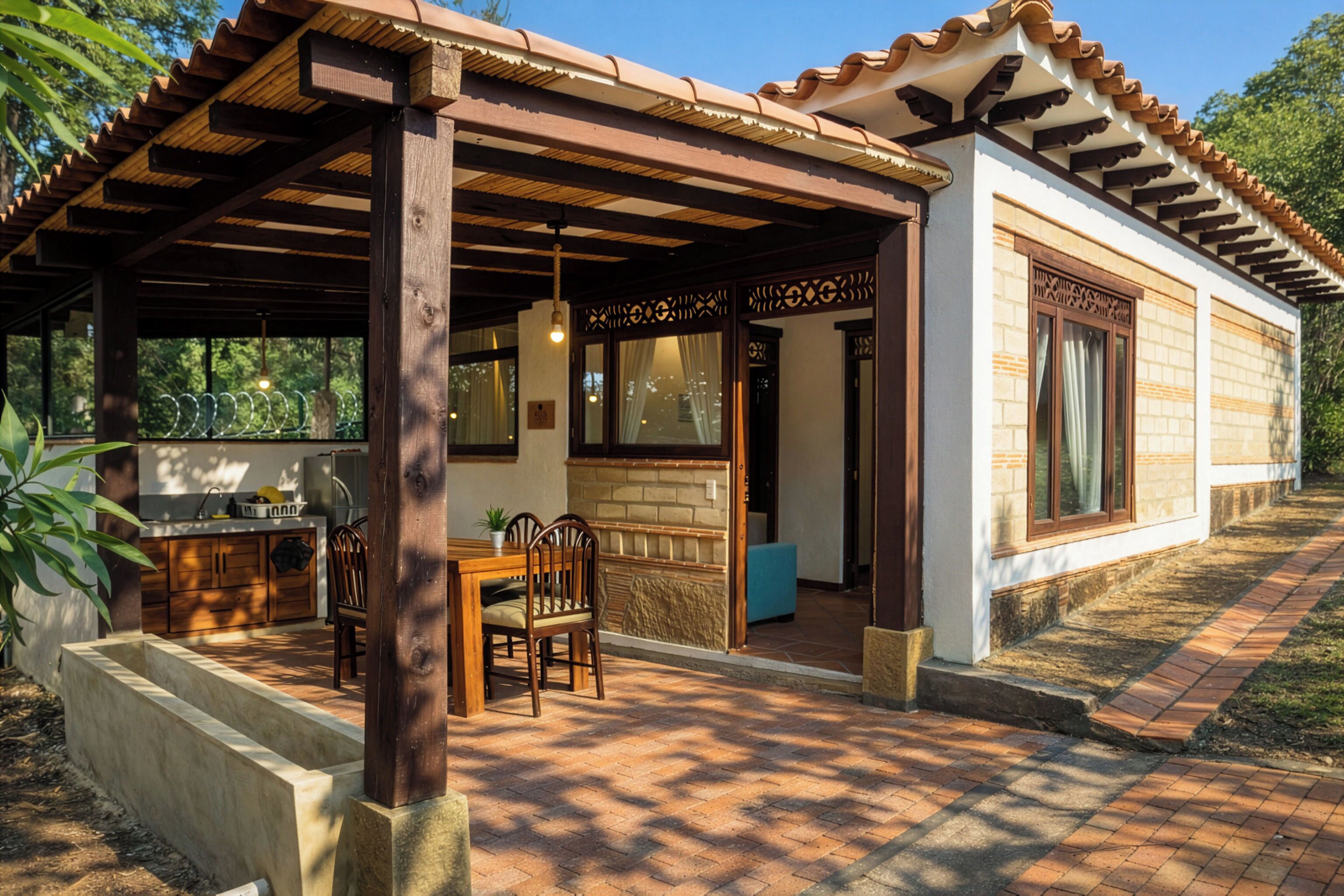 Un espacio de comedor al aire libre cubierto, con mesa y sillas de madera, una lámpara colgante y vistas a un edificio con techo de tejas y ventanas.