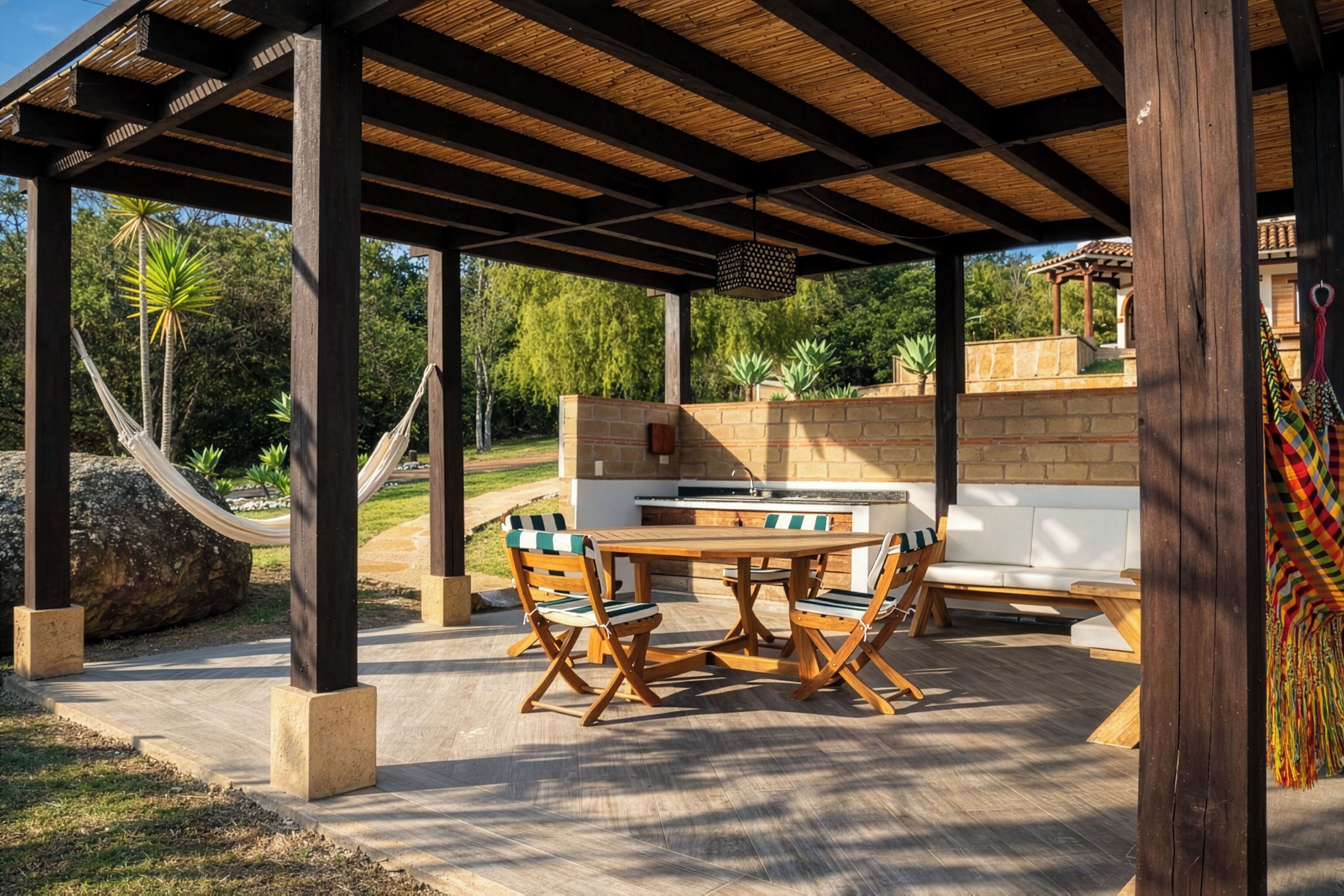 An outdoor patio with a wooden table and chairs, a brick wall, and a hammock.