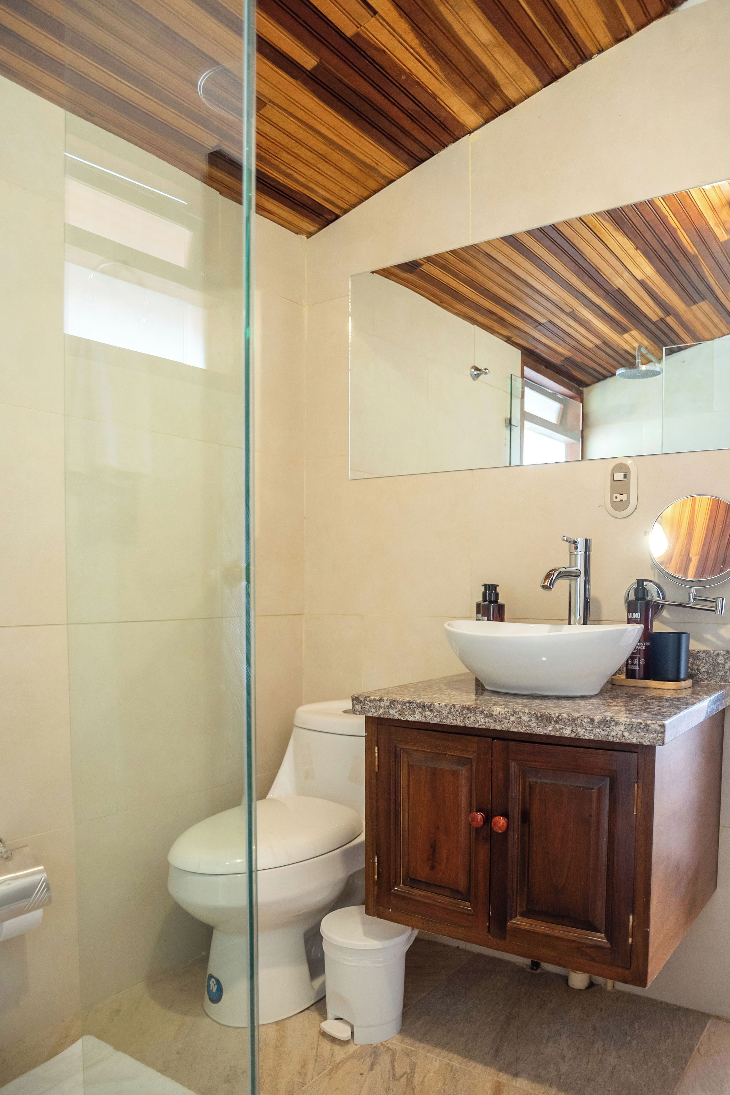 Un baño con cabina de ducha de vidrio, un lavabo blanco sobre un mueble de madera y un espejo grande sobre el mueble.