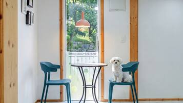 Una habitación pequeña con un perro sentado en una silla, una mesa y una lámpara colgante.