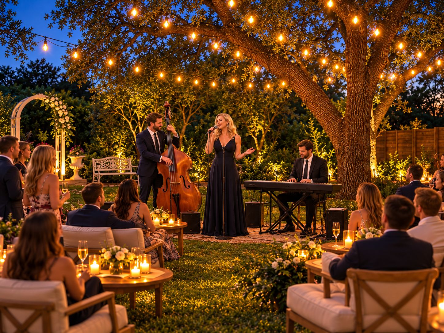 An outdoor event with a seated audience, a stage with musical instruments, and string lights.