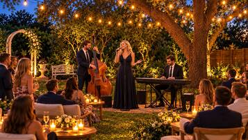 An outdoor event with a seated audience, a stage with musical instruments, and string lights.