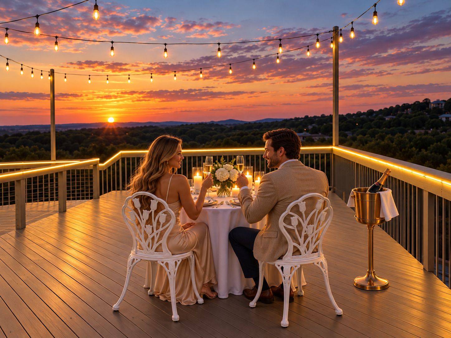 Una pareja cenando en una terraza de madera con luces colgantes y velas, con vista a una puesta de sol y un paisaje.