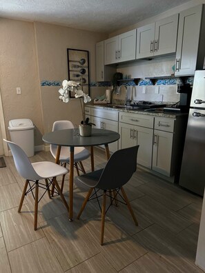 Fridge, microwave, coffee/tea maker, toaster