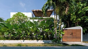 Un edificio moderno con facciata bianca, cancello in legno e rigogliosa vegetazione tropicale.