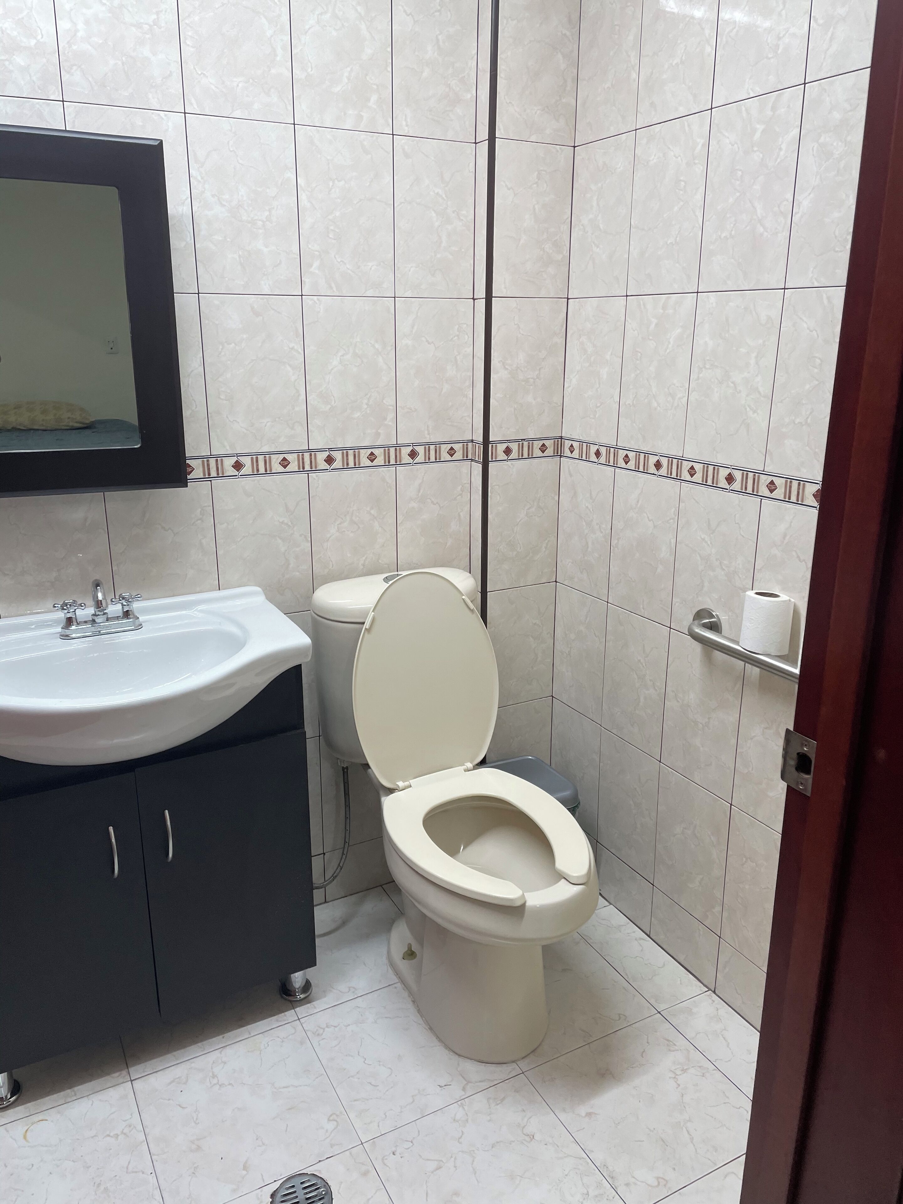 Kylpyhuone, jossa on pesuallas, wc ja peili.