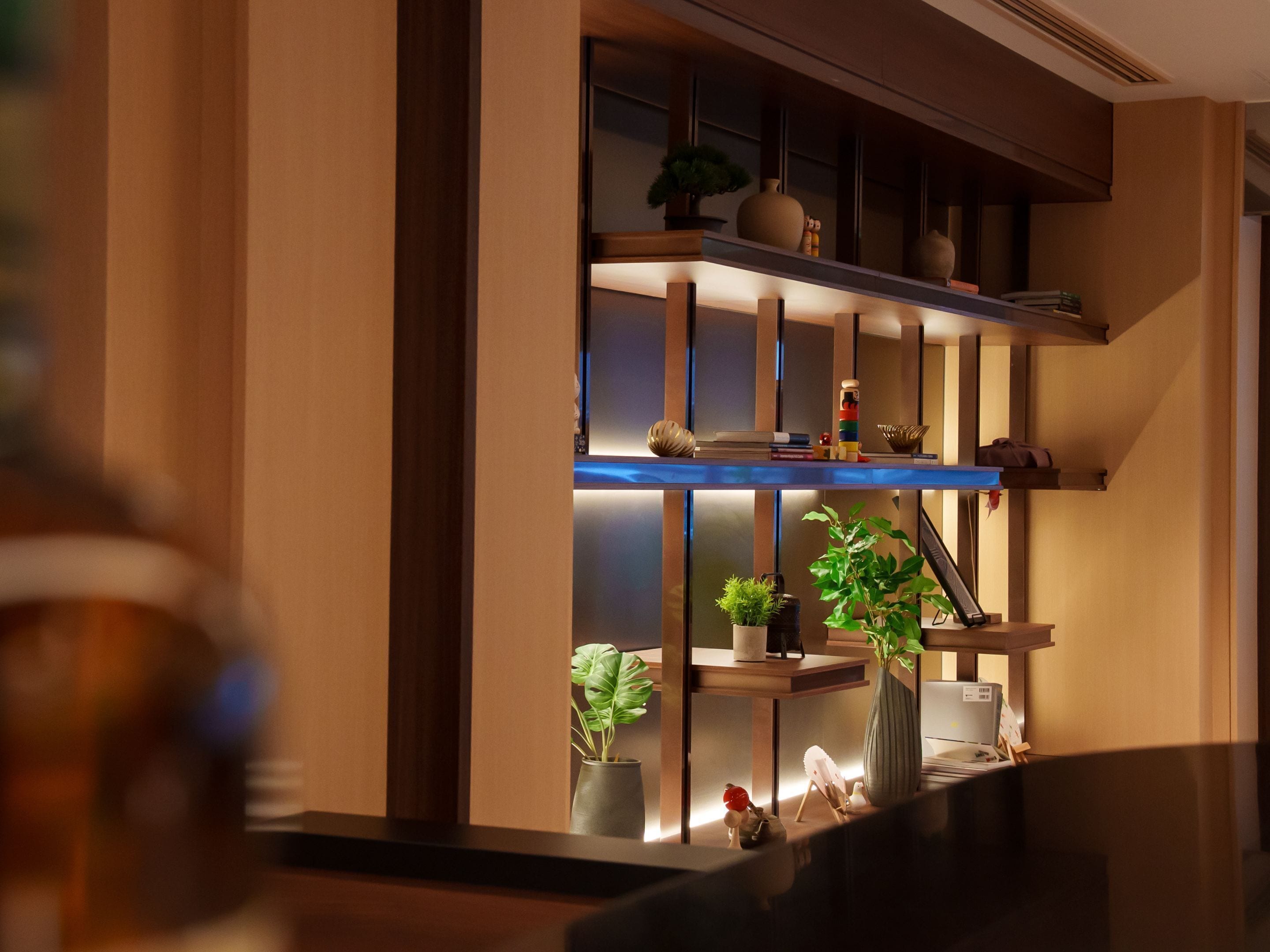 A modern interior with a wooden floor, a shelf with decorative items, and a potted plant.