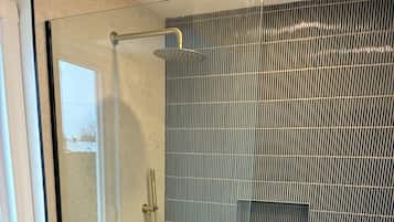 Shower, hair dryer, towels, toilet paper