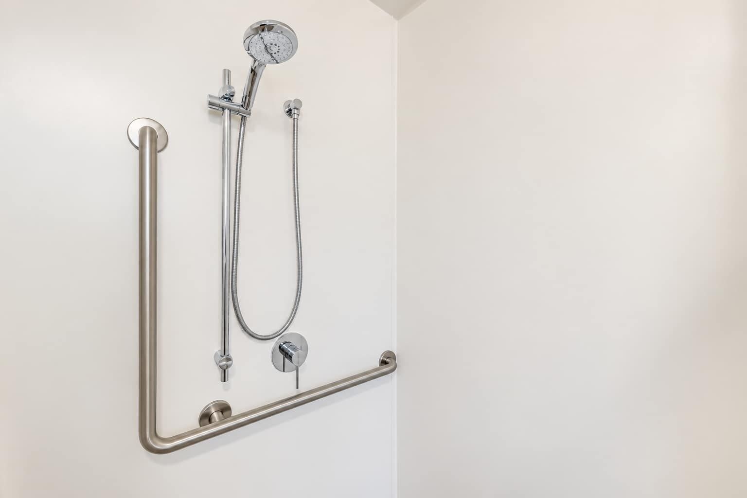 A wall-mounted shower with a handheld showerhead and a handheld hose.
