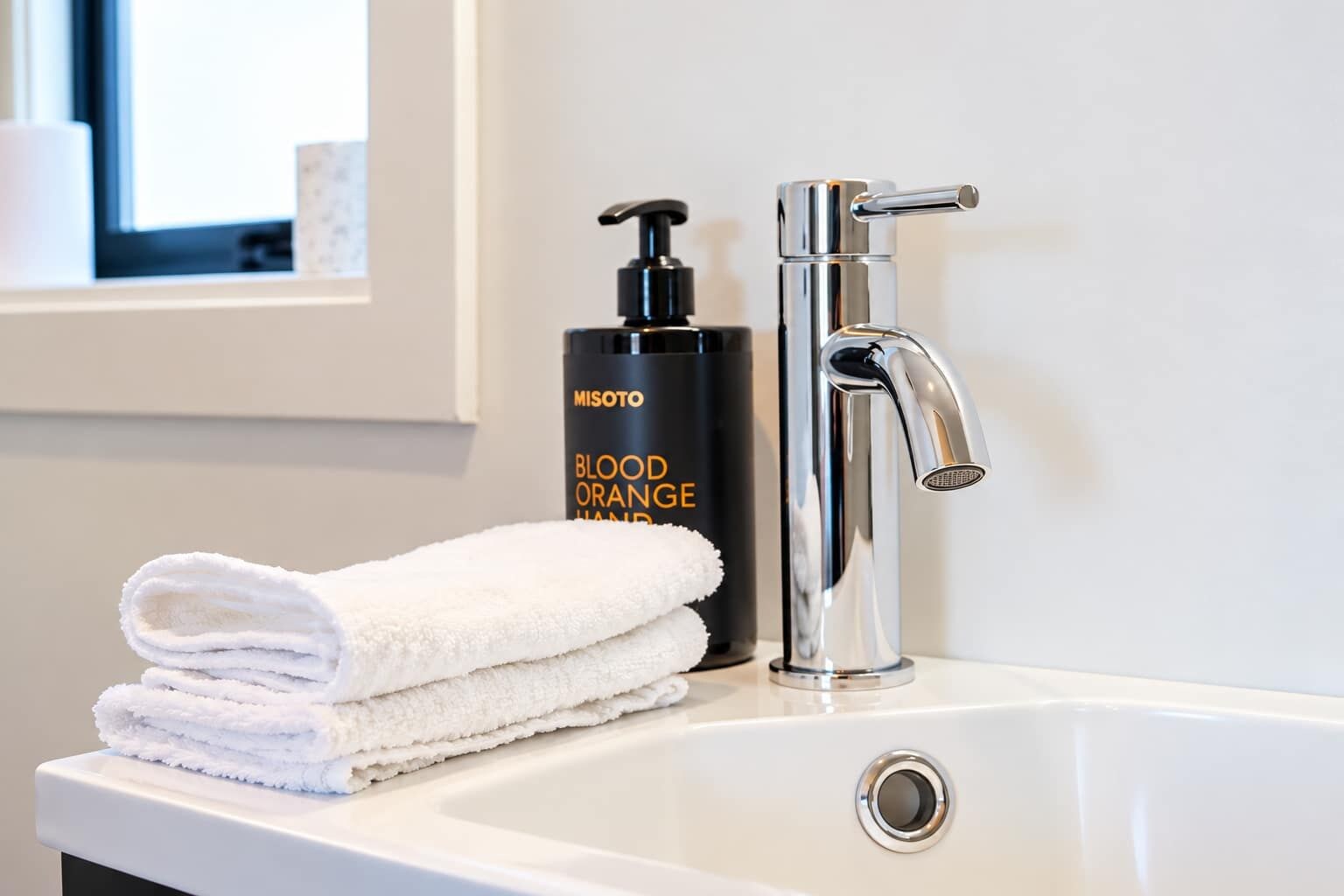 A bathroom sink with a modern faucet, a bottle of Misoto Blood Orange Hand Wash, and a stack of white towels.