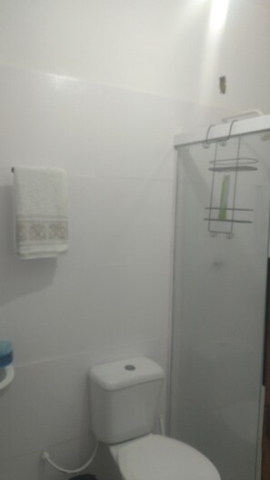 Ein Badezimmer mit Toilette, einem Handtuch an der Wand und einer Duschkabine.