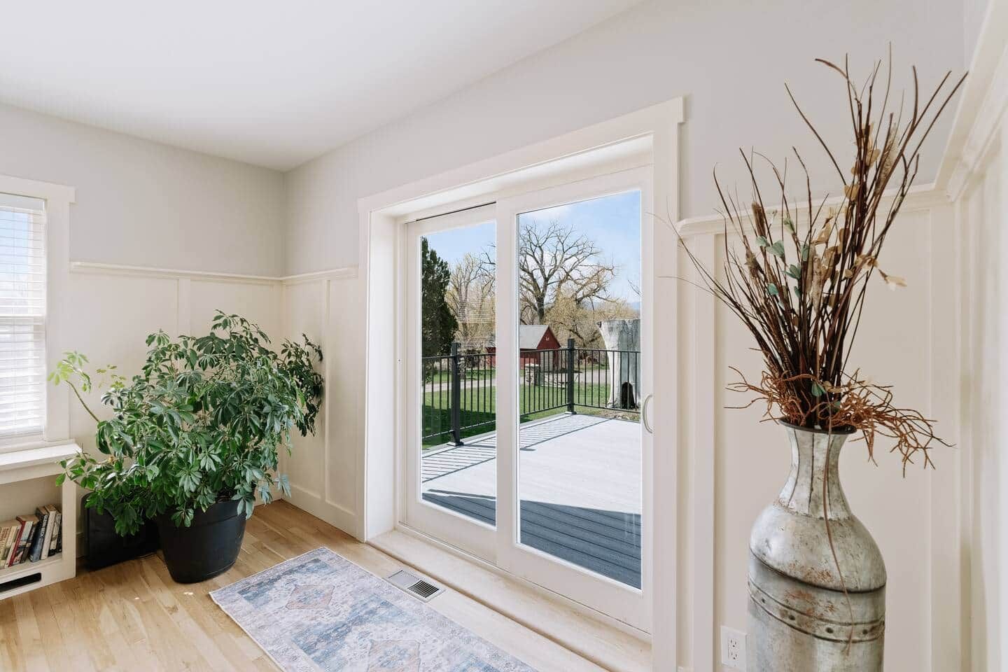 A room with a large sliding glass door, a potted plant, a vase with branches, and a rug.