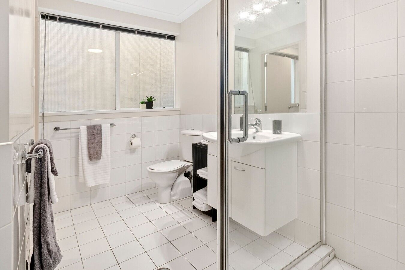 A modern bathroom with a glass shower enclosure, a toilet, a sink, and a mirror.