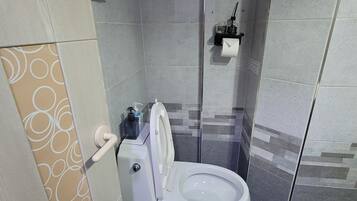 Hair dryer, towels, soap, toilet paper