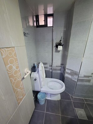 Hair dryer, towels, soap, toilet paper