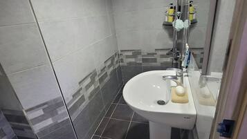 Hair dryer, towels, soap, toilet paper