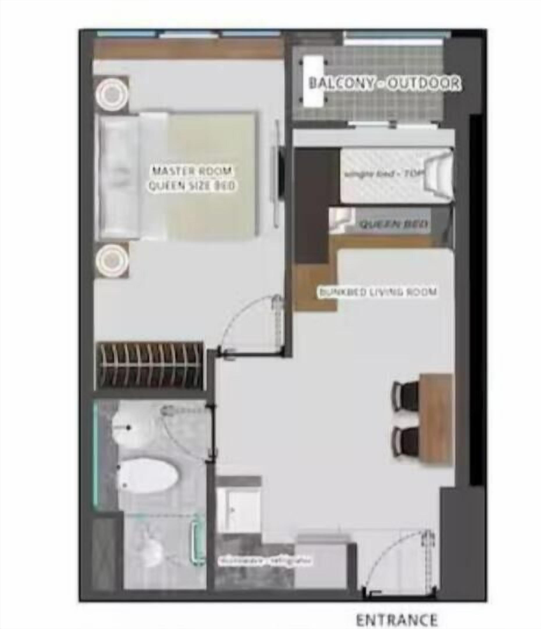 Un plan d’aménagement de chambre d’hôtel comprenant une chambre principale, un lit de type « queen size », un balcon, un espace extérieur et une entrée.