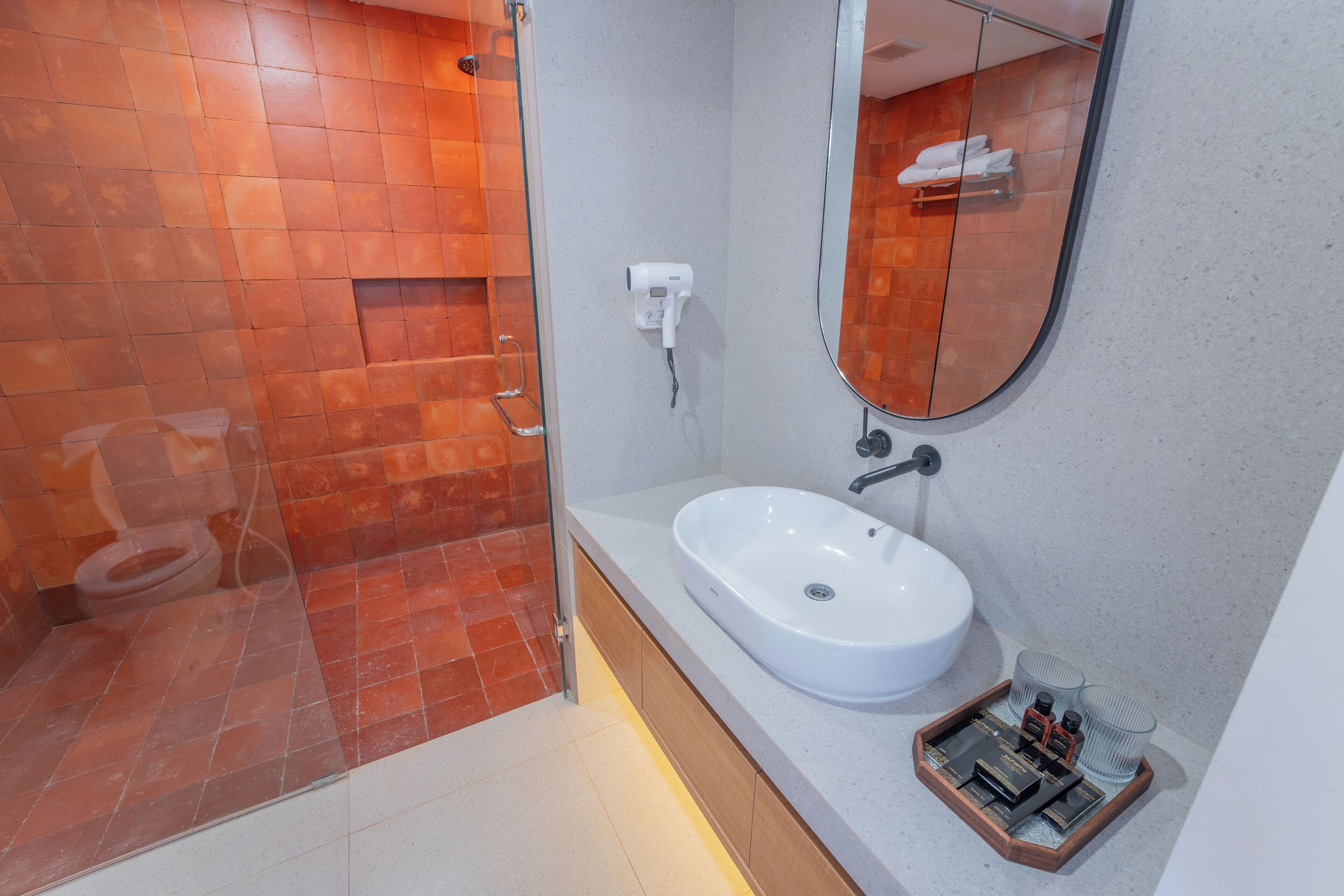 Une salle de bain moderne avec une douche à parois de verre, un lavabo blanc et un miroir.