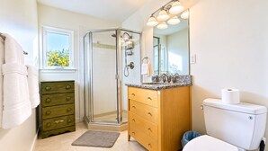 A bathroom with a glass shower enclosure, a wooden vanity with a sink, a toilet, and a window with a view of greenery.