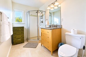 A bathroom with a glass shower enclosure, a wooden vanity with a sink, a toilet, and a window with a view of greenery.