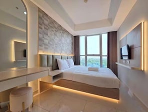 Apartemen, 1 kamar tidur, pemandangan kota | Setrika/meja setrika dan Wi-Fi gratis