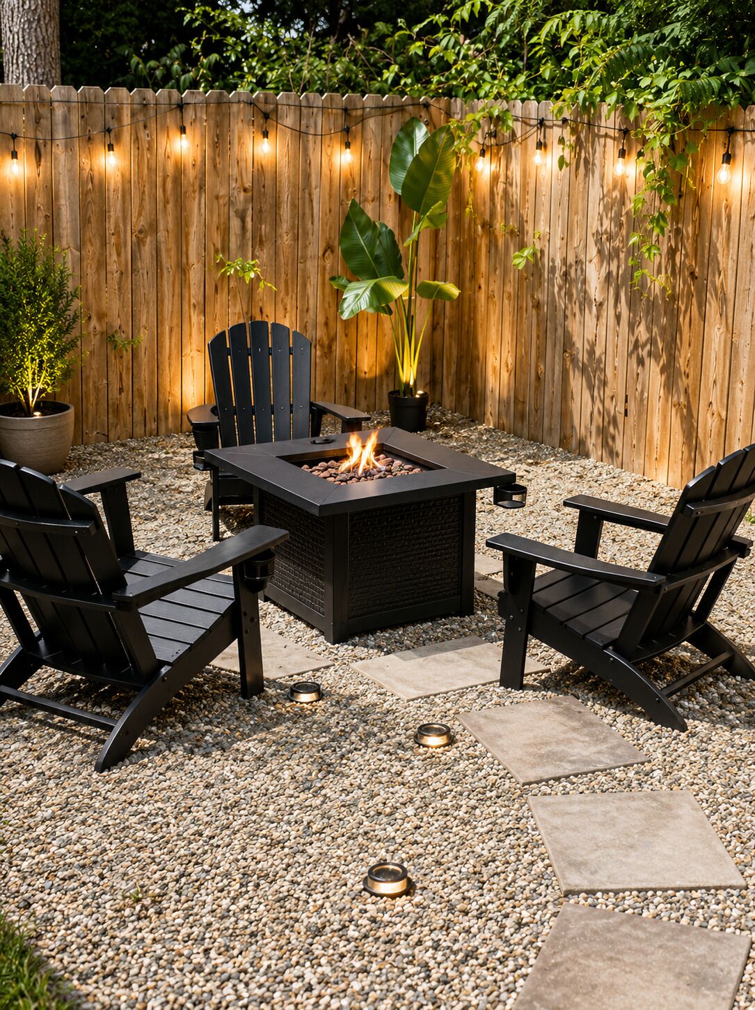 An outdoor patio with a fire pit, seating, and string lights.