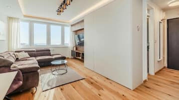 Standardlejlighed - flere soveværelser (Aurora Park View Apartment) | Opholdsområde | 21-tommers fladskærms-tv med kabelkanaler